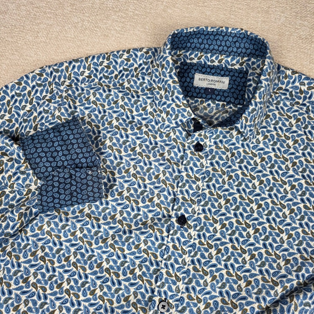 Berto Romani London Mens Large Blue Paisley Button Down Shirt Suslo Couture L